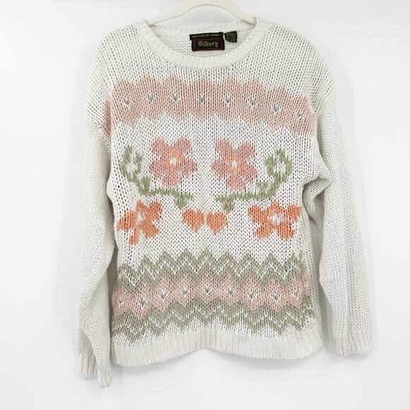 Tilbury Womens VTG Vintage Fall Boho Grannycore Hand Knit‎ Floral Sweater Size L - Picture 1 of 4
